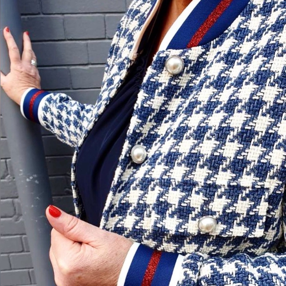 Marc Aurel Navy & Ivory Houndstooth Boucle Pearl Button Coat Size 46 (XL) - Picture 3 of 14